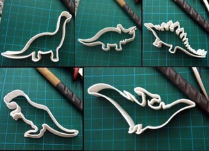 dinosaur 5pc set cookie cutter dino trex jurassic rex triceratops cupcake dough paste pastry cake bakery bakeware kitchenware baby house kitchen dining 3d print model - Mito3D
