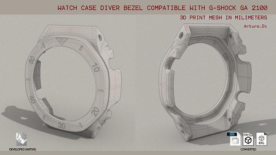 diver bezel watch case casio ga-2100 jewelry shock gshock quartz digital tough rolex cast casting wrist clock wristwatch 3d print model - Mito3D