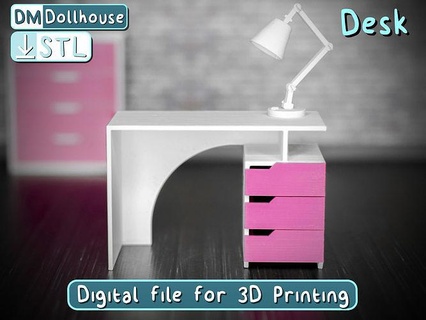 dollhouse 3-drawer office desk 1-12 scale - furniture table doll computer chair bjd roomboxes barbie modern tiny miniature dolls minimalist house printable toys games 3d print model - Mito3D