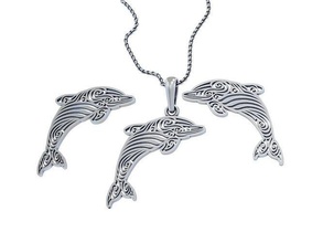 dolphins set pendant trinket earrings dolphin ocean mammal sea animal nature jewelry silver pendants 3d print model - Mito3D