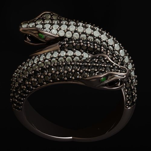 double snake ring diamonds tails fangs bite diamond jewellery silver gold poison animals reptile oviparous jungle egypt grece aztec adan eva jewelry rings 3D print model - Mito3D