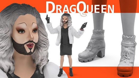 drag queen la maratre dragqueen character art figurines cross dresser makeup queer lgbt pride dragshow dragartist wig skirt dress high heels sculptures 3d print model - Mito3D
