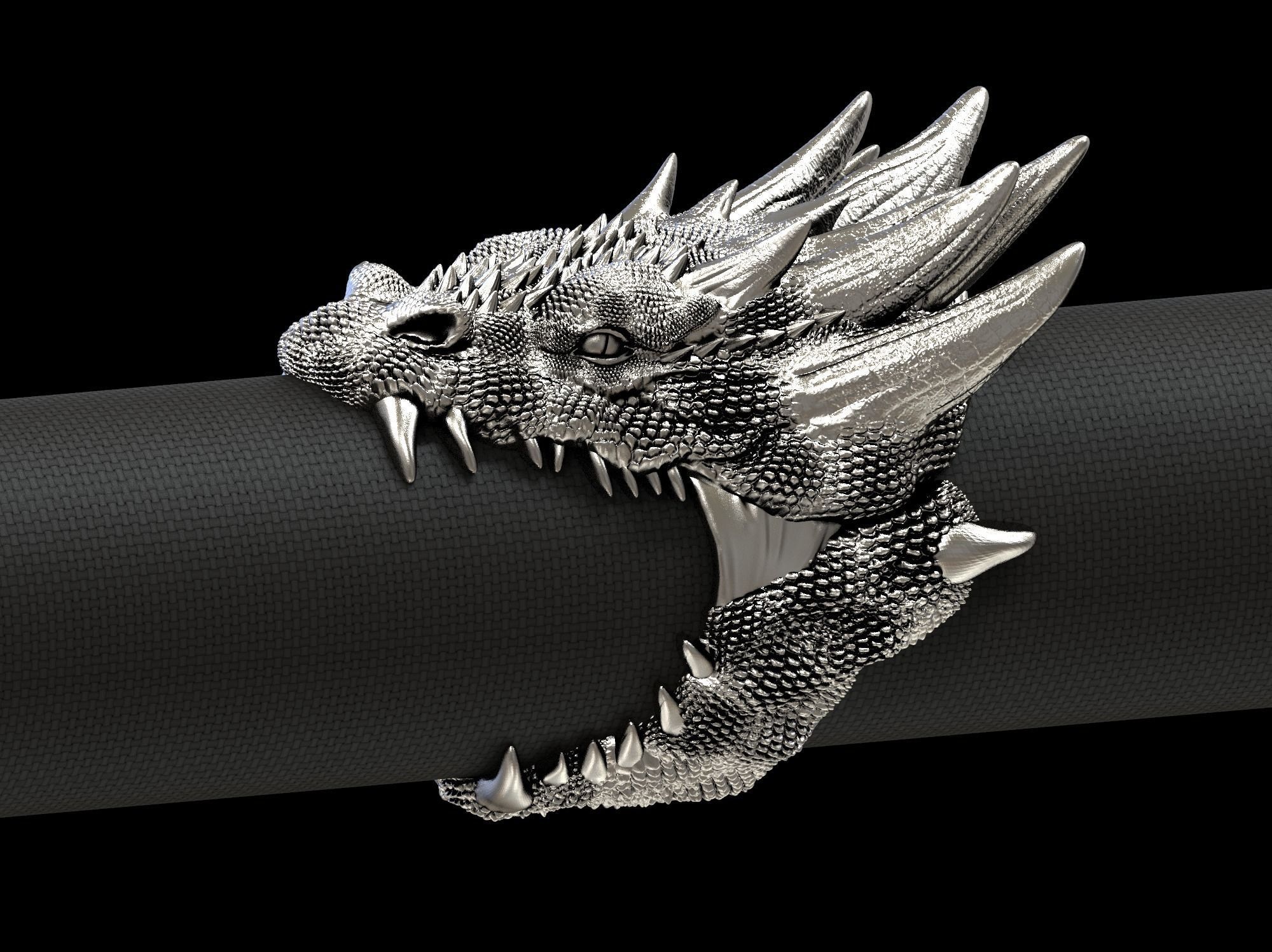 drago motociclista squillare 3d stampa modello gioielleria oro moda argento sterlina stampabile arte anelli uomini medievale troni gioco gotico bikerring draghi 3D print model - Mito3D