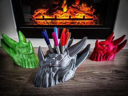 dragon head pen pencil holder pack office decor toys art creature interior house 3d print model - Mito3D