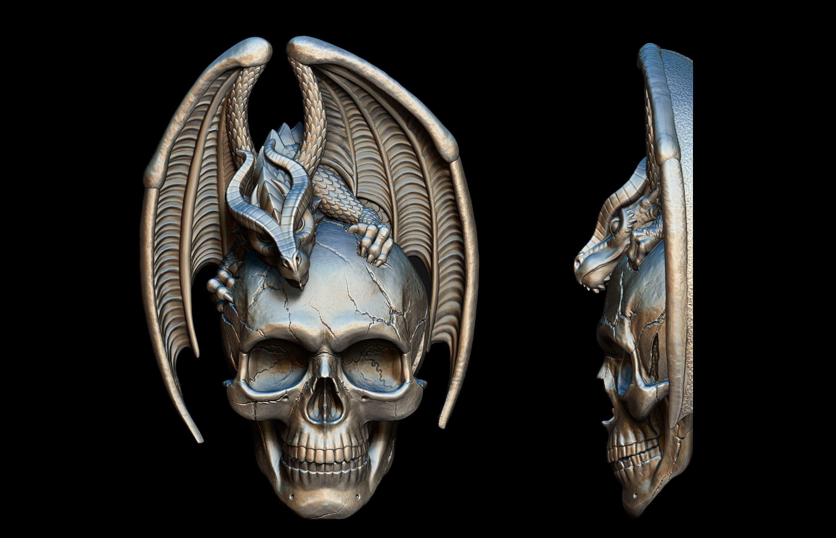 dragon-skull relief Kunst Schädel Knochen Zähne dragon Ungeheuer Flügel Anhänger die Erleichterung bas-relief Schmuck fantasy medallion Skulpturen 3D print model - Mito3D