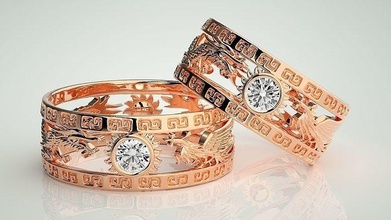 dragão sol solitário casal banda anel 3dm render casamento noivado jóias diamante ouro joalheria argolas noiva noivo bandas 3d print model - Mito3D