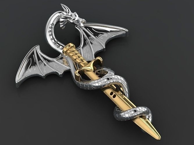 dragon wrapped around sword pendant gold pendants printable jewellery jewelry rings diamond silver niloufar mirshahidi 3D print model - Mito3D