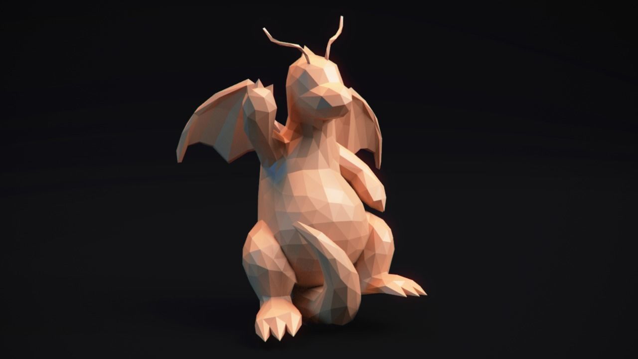 dragonite stilizzato pokemon lowpoly arte dragoran anime figurina astratto geometrico tavolo albero casa stampabile statua 3d cartone animato carina giappone carattere popolare drago sculture 3D print model - Mito3D