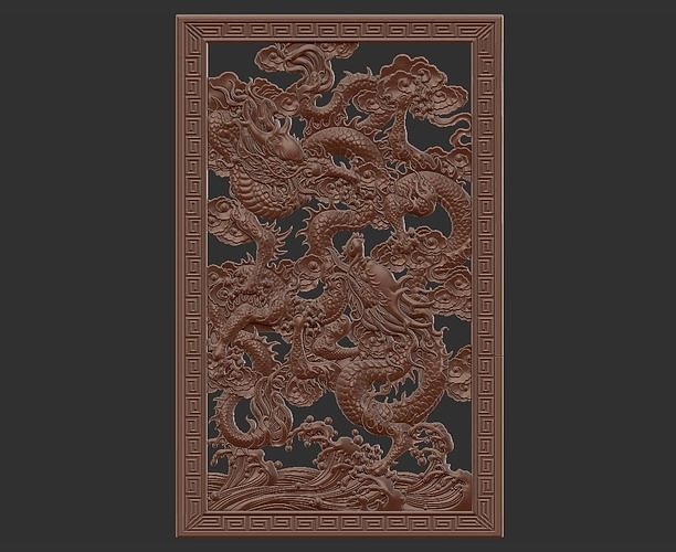 dragones continuar fantasía criatura monstruo bestia ficticio asiático chino tradicional patrón florido ornamento decoración escultura salvaje clásico bas alivio tallado Arte esculturas 3D print model - Mito3D