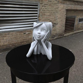 rêver fille visage fleur pot tête planteur mignonne porte plume vase décoration dessin animé femme personnage cheveux femelle maison décor 3d print model - Mito3D