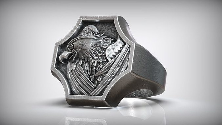 eagle head wings oxidized men signet ring wing feather predator nature desert bird fly hunt claw jewelry blackening brutal viking biker rings 3d print model - Mito3D