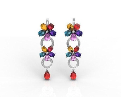 earrings colorful stones jewelry gold bright rainbow gem color mosaic flower long hanging flowers summer bohemian earringlong 3d print model - Mito3D