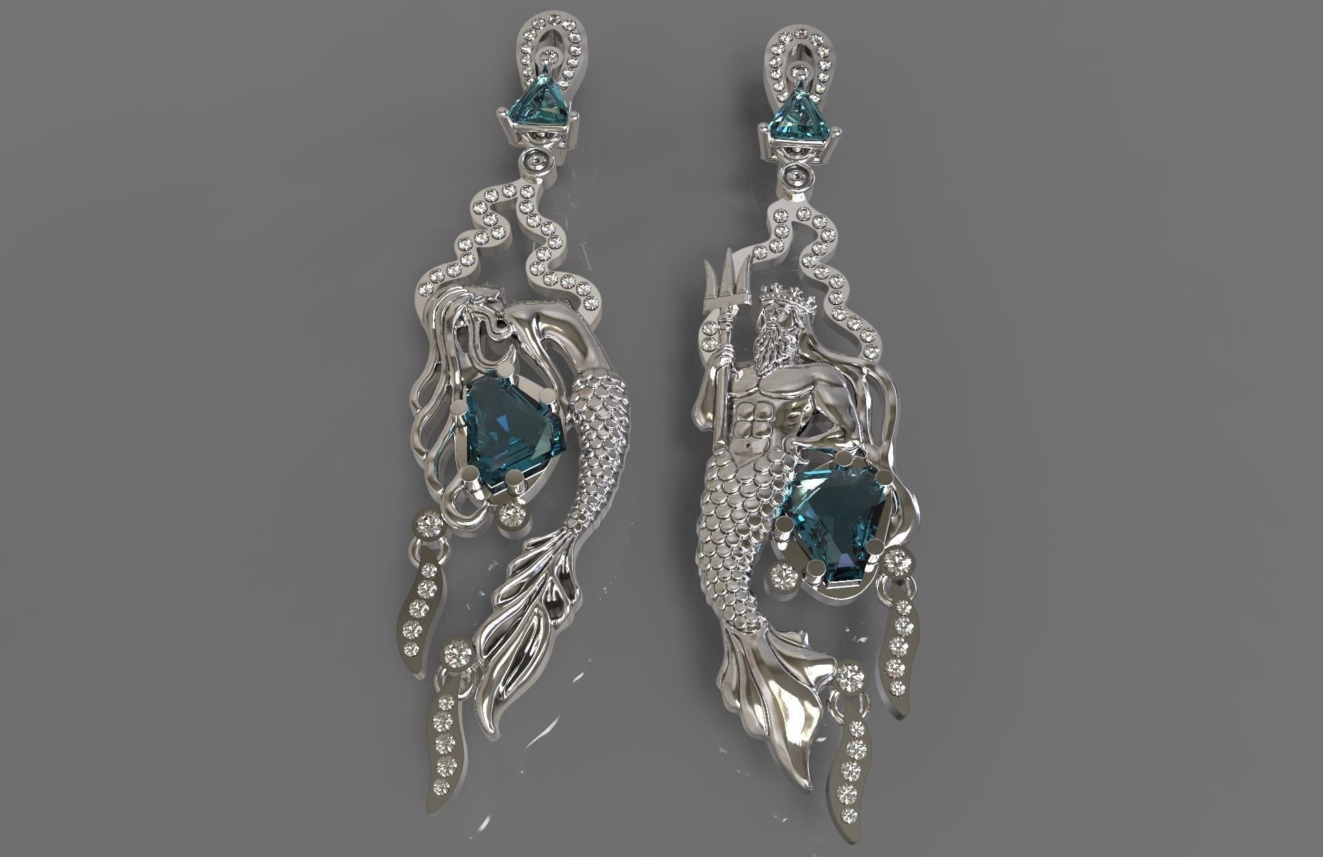 earrings mermaid neptune juwelry juwelery jewellery jewelry gold silver gem gems diamonds emerald amethist zbrush sculpt rhino neptun platinum ruby 3D print model - Mito3D