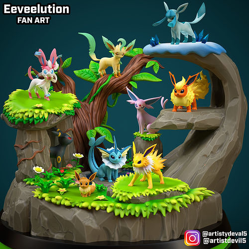 eeveelutions pokemon pokemongo pokemons eevee vaporeon jolteon flareon espeon umbreon leafeon galceon sylveon pikachu games toys 3D print model - Mito3D