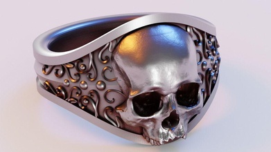 elegant gothic skull ring baroque goth dark leafs rococo jewelry size bone rings rocker biker style jewel medieval gift 3dprint 3d print model - Mito3D