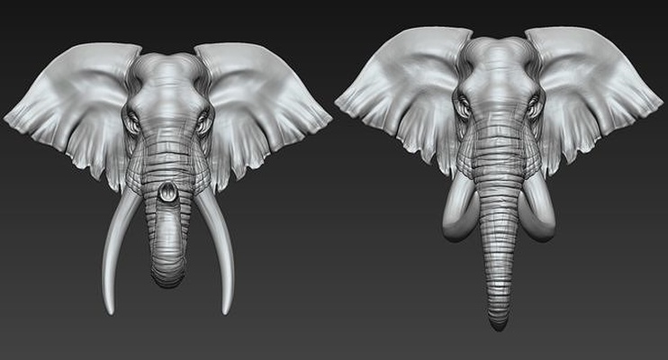 elephant head two stye tusk trunk forest animal safari zoo african cartoon leafe art sculptures miniatures 3d print model - Mito3D