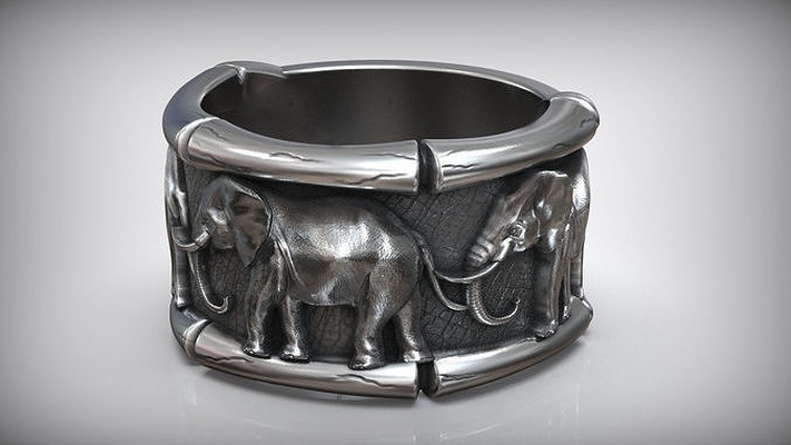 elefant ring glücklich elefanten natur tier afrikanisch safari zoo bambus haut silber gold asiatisch cnc mahlen schmuck herstellung j3ds talisman ringe 3d print model - Mito3D