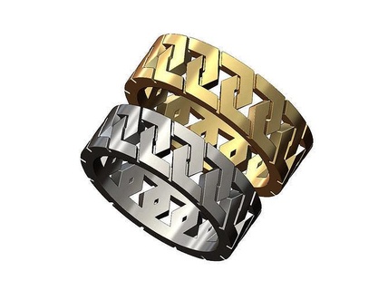 elongated hexagonal chain link band us sizes 7 8 hexagon geometric ring fashion jewelry printable gold silver jewellery sterling modern cuban rings 3d print model - Mito3D