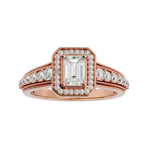 émeraude Halo solitaire mariage engagement bague 360 vue bijoux bande femme or diamant anneaux 3D print model - Mito3D