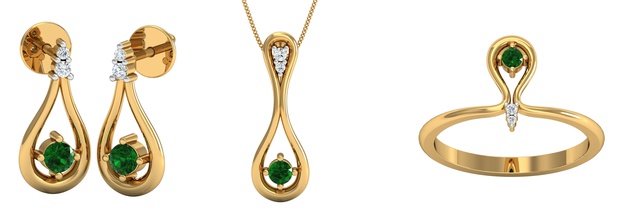esmeralda pera brinco -pingente - conjunto de anel jóias ouro brilhando ilustração gem pingente prata anéis 3d print model - Mito3D