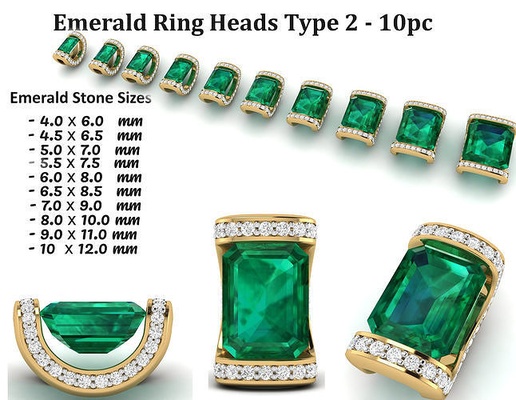 emerald ring heads type 2 - 10pc silver printable diamond jewel ringheads collet platinum bracelate canada stoneheads collets wedding roundstones engagement studs jewellery emerlads jewelry rings 3d print model - Mito3D