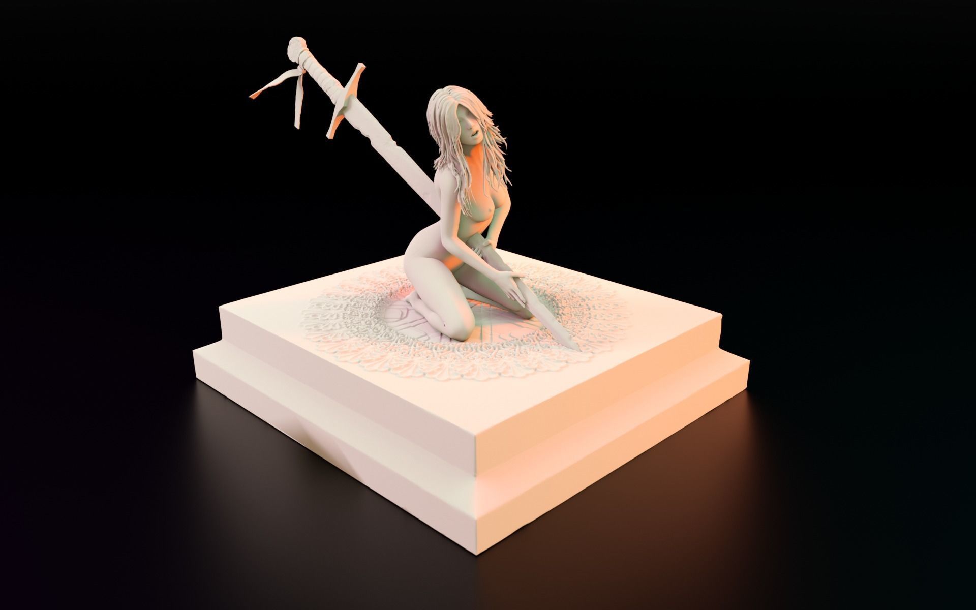 filles femme portant épée démon dieu ange mythique fantaisie 3dprint statue bijoux sculpture portrait baroque or argent décoration impression art sculptures 3D print model - Mito3D