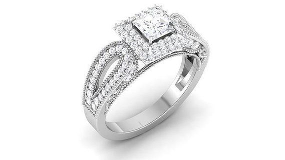 engagement mariage double Halo Princesse calcul mariée anneaux solitaire bijoux or bande gemme argent brillant diamant bague imprimable sterling platine 3d print model - Mito3D