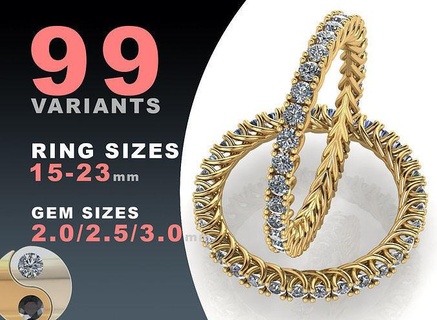 eternity diamond rings 2i0 2i5 3i0 mm gems set jewelry gold silver jewel printable jewellery fashion prototyping pack package wedding marryme band luxury 3d print model - Mito3D