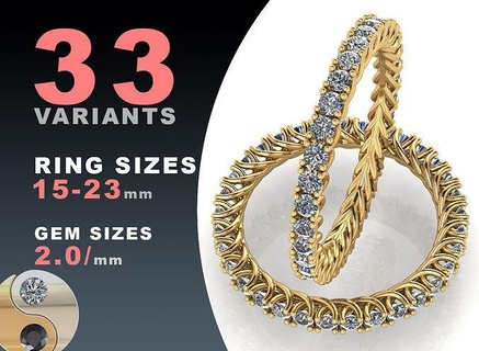 éternité diamant anneaux 2mm gemmes ensemble bijoux or argent bijou imprimable mode prototypage pack paquet mariage épouse bande luxe 3d print model - Mito3D