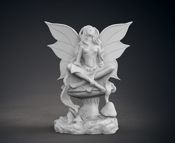 hada sentado seta estatua escultura fantasía magia personaje cuento mujer exterior bosque planta maceta naturaleza encantada encantado mágico alas imaginación Arte escaneos réplicas 3D print model - Mito3D