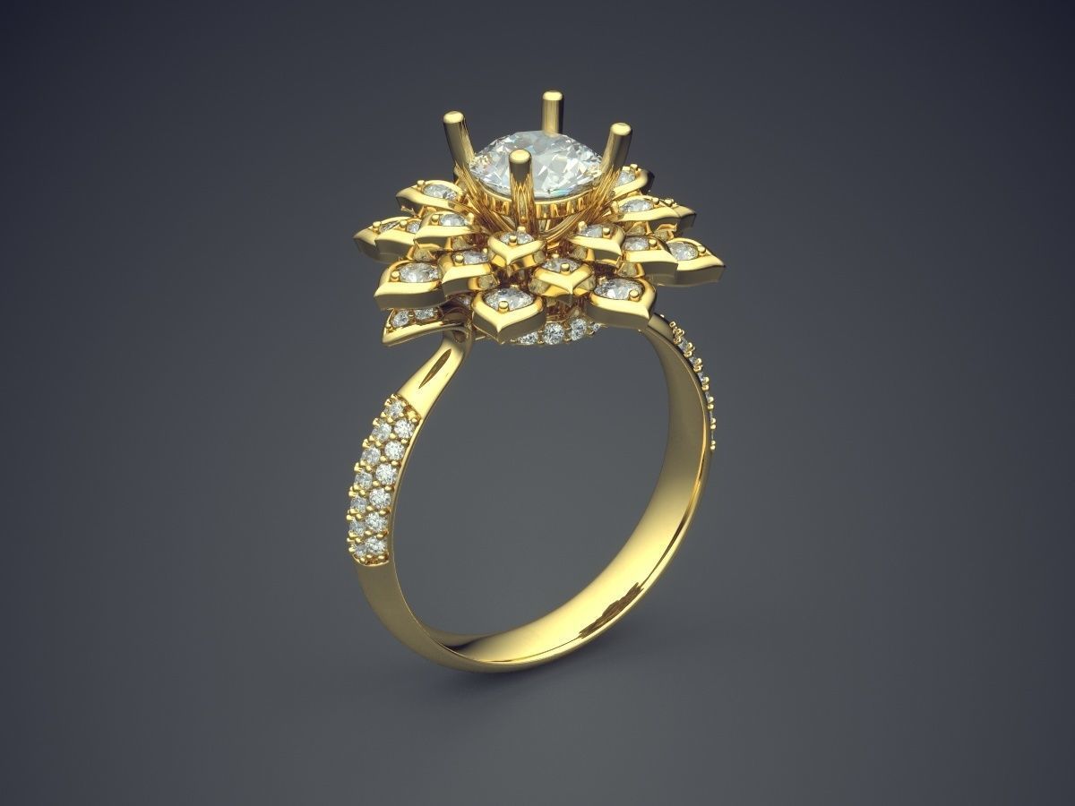 fancy extravagant flower-shaped engagement ring diamonds jewelry gold jewel jewellery rings wedding diamond brilliant cad gem platinum printable silver detail design 3D print model - Mito3D