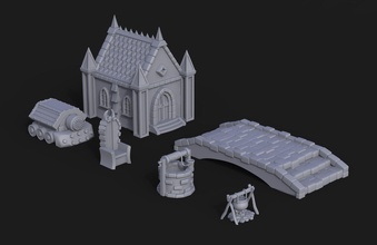 fantasy props pack 02 - wargaming 6 pieces graveyard bridge wargame siege firecamp pit throne 3d print games toys game accessories 3d print model - Mito3D
