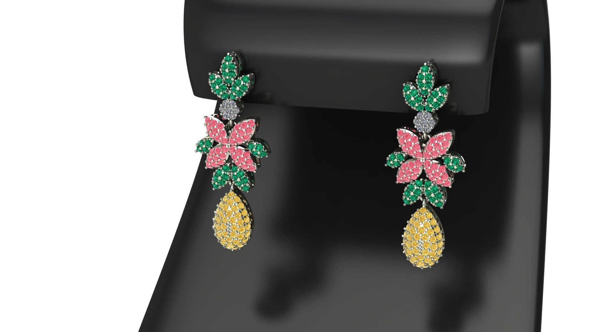 fashion earring pear flower yallow green emerald marquise luxury jewelry diamond white zeegold gold silver earrings 3 three 3pices brilliant 3D print model - Mito3D