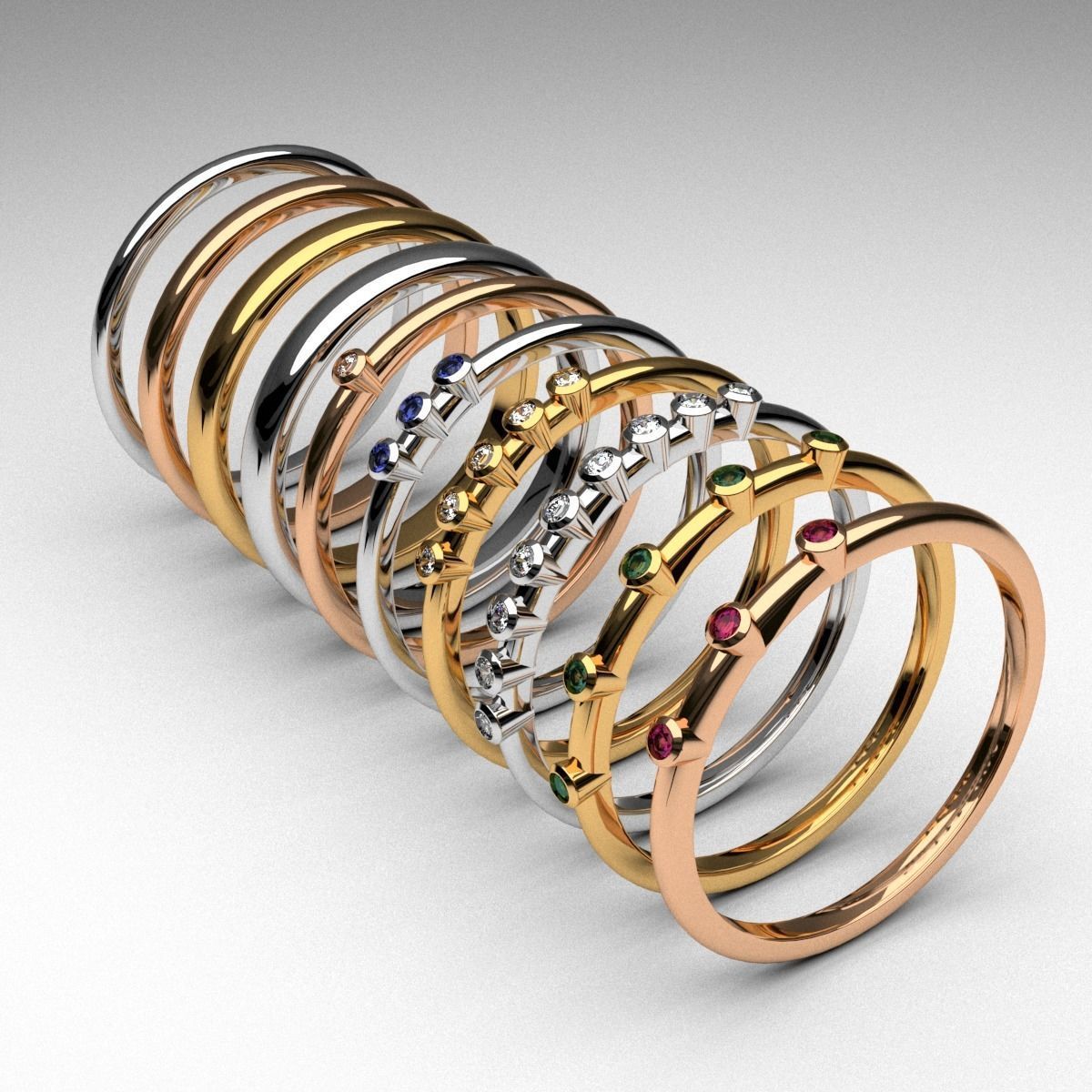 Mode dünne Ringe Diamanten set 10 Stück bedruckbar Dünn gold diamond ring spektakulär engagement Edelstein gem Schmuck Juwel Edelsteine 3dmodel ist Hochzeit band Jubiläum 3D print model - Mito3D