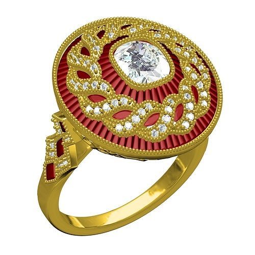 filigree art deco ruby diamond cushion cut ring elongated engagement gold jewelry precious antique gem 3d cad design customize printable rings 3D print model - Mito3D