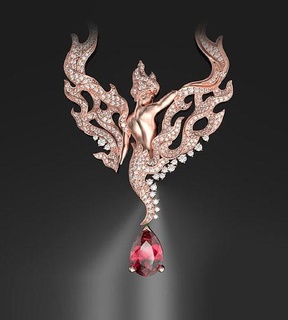 flame woman necklace pendant gold jewelry 3dmodel magerit gem gemstone ruby rosegold silver unique3dmodel pear brilliant diamond render rhino female women necklaces 3d print model - Mito3D