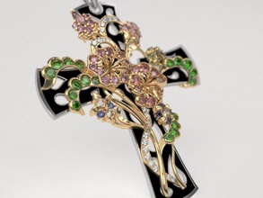 flower cross - original jewelry broosh enamel design floristic gems female necklace pendant pendants 3d print model - Mito3D