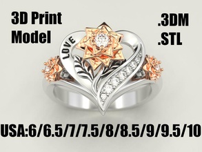flower heart love engagement ring jewelry woman classic diamond print 3dprinted jewellery printable design fashion printing gold prototyping silver wedding rings 3d print model - Mito3D