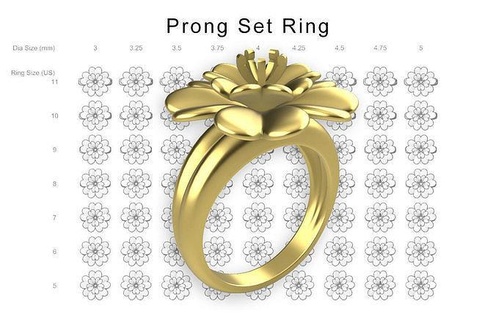 flower prong set ring - 9 diamond sizes x 7 ring sizes jewelry jewellery jewel gold silver sterling 925 gift flower floral plant ring fashion stone diamond gem peg head set rings  3d print model - Mito3D