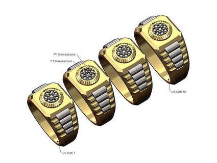 fluted rolex cluster presidential link inserts ring diamond signet jewelry gold silver printable jewellery bling luxury bezel watch 3d model square rings 3d print model - Mito3D