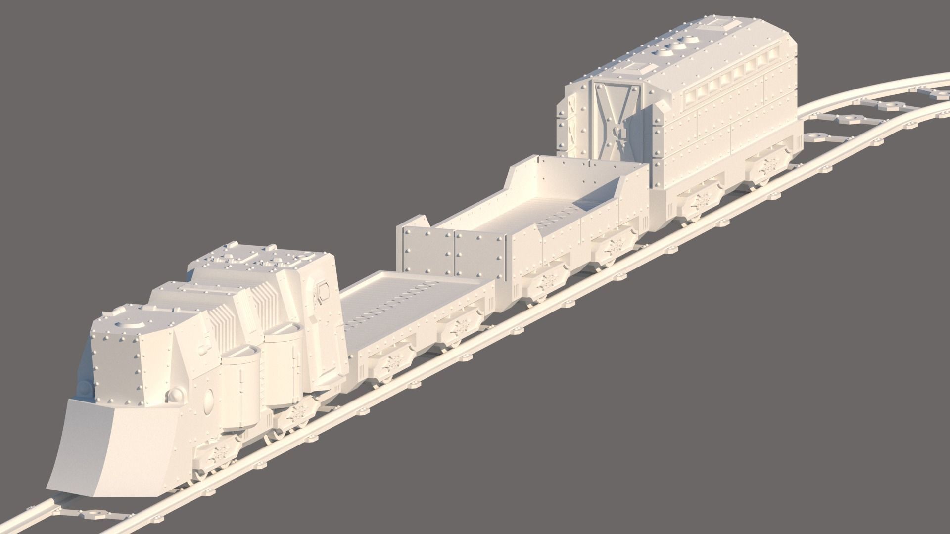 forja trem 3d imprimível modelo 28mm jogos pista martelo guerra 40k tampo mesa terreno locomotiva veículos futuro scifi transporte carga brinquedos acessórios 3D print model - Mito3D