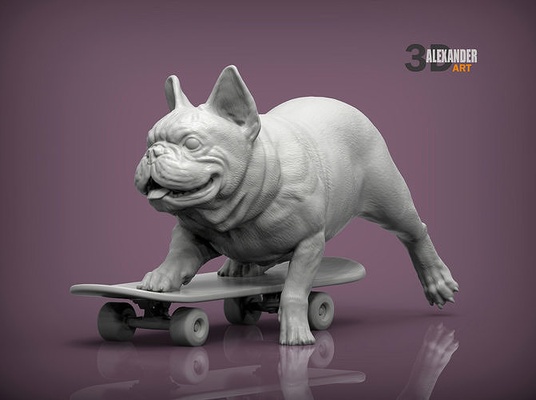 französisch bulldogge on skateboard französische hund natur säugetier tier haustier skulptur souvenir 3d drucken modell bildhauerei skulpturen druckbar kunst 3d print model - Mito3D