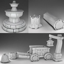 fuii set - farm decorations fountain cart bags logs wood monochrome tool wagon wheelbarrow street lamp isolated science pallet jack illustration wooden carriage house 3d print model - Mito3D