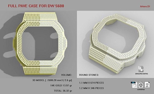full pave diamond case dw5600 watch bezel gshock casio cast timepiece gold diamonds bling jewelry 3d print model - Mito3D