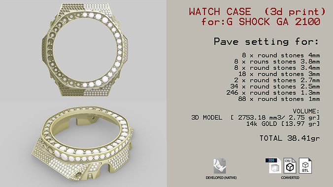 pave diamond case ga2100 3d print model gshock shock jewelry cast bezel watch casio casting digital quartz rolex wrist wristwatch diamonds gold bling 3D print model - Mito3D