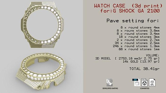 full pave diamond case ga2100 3d print model gshock shock jewelry cast bezel luxury watch casio casting digital quartz rolex wrist wristwatch diamonds gold bling 3d print model - Mito3D