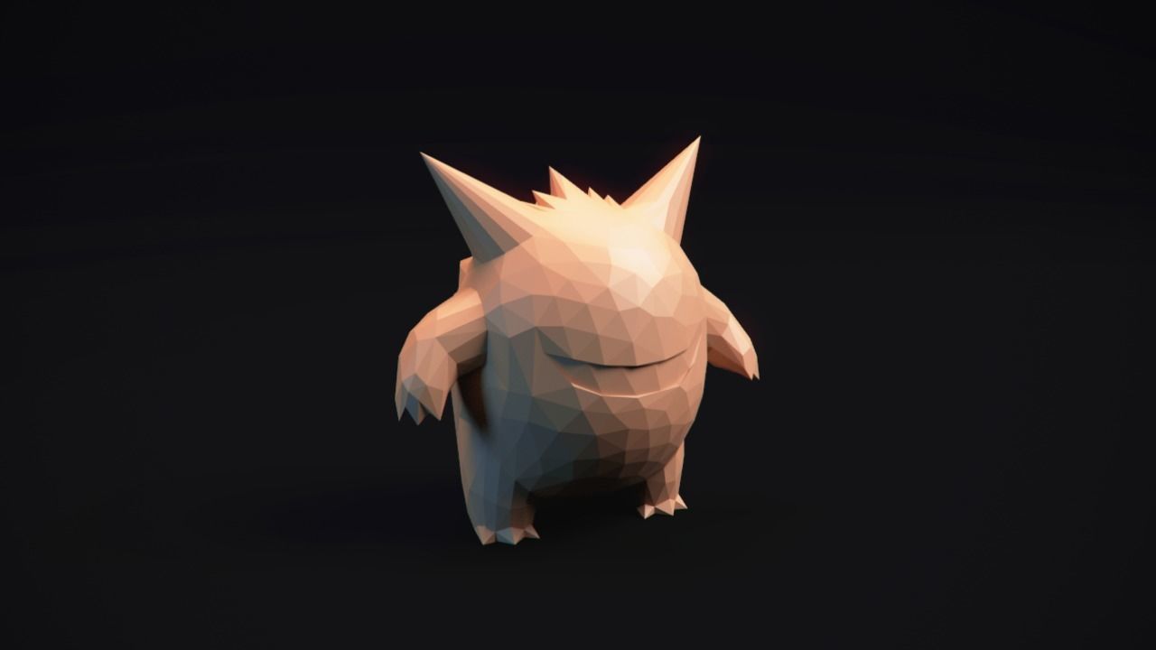 gengar stilizzato pokemon lowpoly arte anime figurina astratto geometrico tavolo albero casa stampabile statua 3d cartone animato carina giappone carattere popolare fantasma sorridi sculture 3D print model - Mito3D