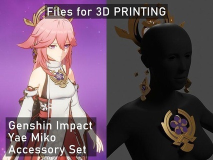 Genshin impacto miko acessório conjunto cocar colar brincos cosplay ouro imprimível jogos brinquedos acessórios 3d print model - Mito3D