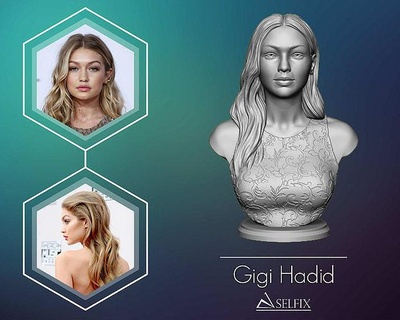 gigi hadid portrait sculpture art statue femme mode cheveux or corps robe encadrement sculptures 3d print model - Mito3D