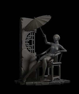 Mädchen arbeiten Sonnenschirm Frau Kunst Stuhl Skulpturen 3d print model - Mito3D